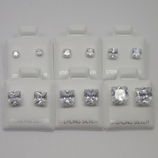 925 Sterling Silver Clear Square Cubic Zirconia CZ Diamante Stud Earrings 3- 8mm