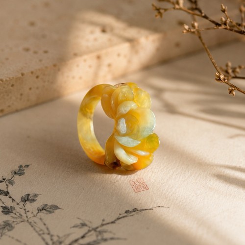 Golden peony jade - jade, ring