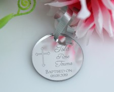CHRISTENING BAPTISM MIRROR SILVER ACRYLIC ROUND TAGS BOMBONIERE FAVOURS ENGRAVED