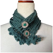 Green Handmade Crochet Womans Button Cowl Scarf Chunky Silver Button Ruffle