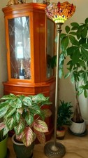 Tiffany-style standard lamp, Torchiere style, stained glass dragonfly pattern