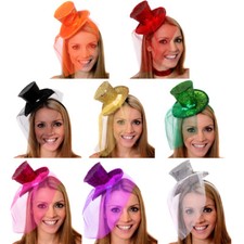 MINI TOP HAT WITH NET GLITTER FASCINATOR FANCY DRESS ACCESSORY CHRISTMAS