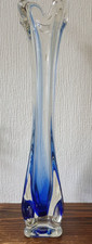 Swung Vase. Cobalt Blue and Clear . Square Base. 29cm Tall. Vintage Handcrafted.