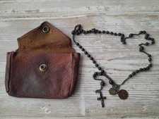 Vintage French Rosary Lourdes With Wooden Ebony 1950 Pope Pius XII Leather Pouch