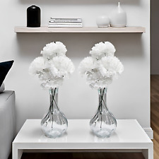 Pair of Glass Vases with White Artificial Flowers, Bathroom or Living Room