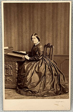 CDV SOUTHWELL LADY STRIPED WALLPAPER READING BOOK AT DESK LONDON FASHION PHOTO