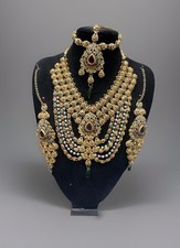 Asian Indian Pakistani Jewellery stones Gold Necklace Set Earrings Tika Bridal