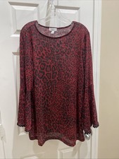 Susan Graver Gorgeous red black glitter animal Pullover Blouse Sz XL long Sleeve