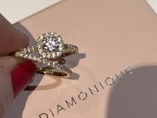 QVC Yellow Gold Plated Sterling Silver Diamonique Halo Style Ring Band Set UK P