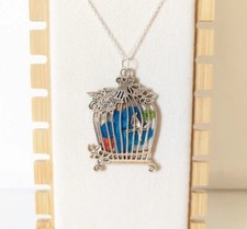 Handmade Real Pressed Flower Garden Large Bird In Cage Resin Necklace Unique 