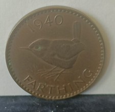 1940 UK George VI Farthing Eurasian Wren Coin in Bronze
