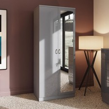 Grey Gloss 2 Door Wardrobe with Mirror Gloss Front Matt Frame Rail & Shelf