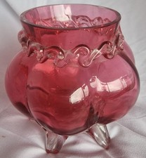 Antique Cranberry Glass globe vase Urainium Glass 5 footed Art Nouveau handmade