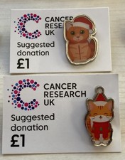 CANCER RELIEF BADGES - x2  CHRISTMAS Animal (CATS) charity pin badges
