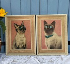 A Pair of Siamese Cat Original Oil Paintings Framed Canvas board Artist Signed