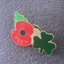 Poppy Gold tone & red/green Enamel Flower/Leaf/Shamrock Commemorative 2021 Badge