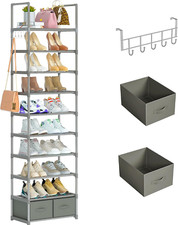 Tall Shoe Rack Narrow 10 Tier Shoes Rack,Shoe Storage Organizer w/ 2 Boxes,1 Hoo