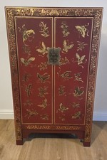 Antique Fine Chinese Butterfly Hand Painted Lacquered Large Side Table Cupboard