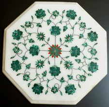 Green Floral Hand Made Inlay Semi-Precious Stones Octagon Marble Table Top India