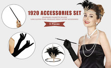 5 Pieces 1920 Accessories Set, 1920s Fashion Flapper Headband Long Gloves(Black)