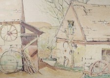 Original Charcoal & Watercolour, 'Farm Buildings', 1940's , Frank Harold Read