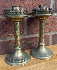 Antique Good Pair 2x Ecclesiastical Gothic Revival Brass Church Candle Sticks