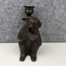Bronze/Brass Monkey Candlestick Holder Heavy Monkey Reading A Book MCM Vintage