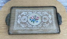 Vintage Glass Embroidery Lace Petit Point Flower Dressing Table Brass Frame Tray