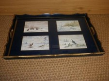 Vintage Country Style Game Bird Tray - Navy With Gold Trim - 21.5" X 15"