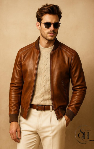 Men brown leather bomber - brown,