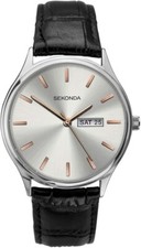 Sekonda 1686 Gents Quartz Watch, Rose Gold Markers, Black Leather Strap Day/Date
