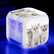 New Animal Cat 7-Color Changing Nightlight Alarm Clock in Box Gift Cartoon Decor