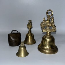 4 X Vintage Brass hand Bells, Tallest 13cm, Smallest 4cm