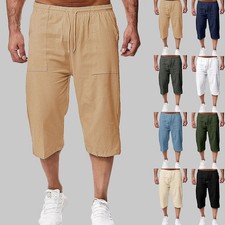 Men 3/4 Length Linen Shorts Elasticated Waist Casual Beach Cropped Capri Pants