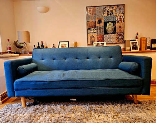 Blue fabric convertible sofa - fabric,