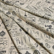 Sewing Theme Cotton Fabric Printed Poplin - Cream with Navy icons French writing
