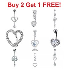 Heart Belly Bars Button Piercing Bar Dangle Navel Body Jewellery Gem Ring Silver