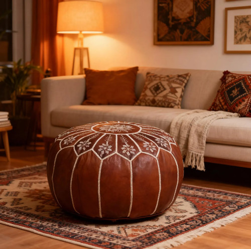 Handmade moroccan leather pouf - handmade,