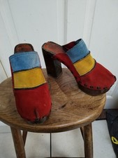 Fabulous Original Vintage 1970s Suede Leather Wooden Platform Clogs Approx Sz 5