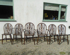 Set 6 Vintage Webber Oak Windsor Wheel Back Kitchen Dining Chairs 4 + 2 Carvers