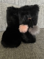 Ted Baker London Teddy Soft Slippers Black Boots Pink Grey Pompoms 5 UK 38 EUR