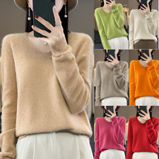 100% Merino Wool Women's Sweater V-Neck Long Sleeve Pullover For Winter Autumn