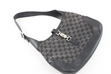 Gucci Designer Black Monogram Jackie Over Shoulder Bag w/ Silver Tone Highlights