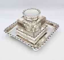 EDWARDIAN STERLING SILVER & CUT GLASS INKWELL London 1902