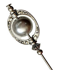 Grey Pearl Hat Pin Vintage Antique Tibetan Silver Style 3" & Pin Protector