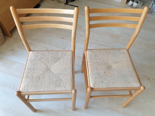 Pair pine chairs with woven - chairs,