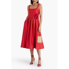 Marchesa Notte NWT $795 Poppy Red Floral Applique Duchess Satin Midi Dress SZ 10