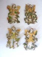 4 Vintage 3D Flower Fairies Ceramic Resin? Hanging Wall Plaques approx 4" x 3"