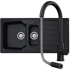 Liquida CMP15BL 1.5 Bowl Reversible Black Kitchen Sink And Pull Out CT453MB Tap