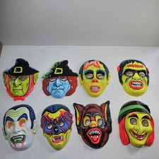 8 Vintage Esco Halloween Masks Vacuform Plastic Witch Bat Vampire Frankenstein